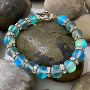 Handmade Teal Blue Mermaid Glass and Rhinestone Artisan Beaded Bracelet